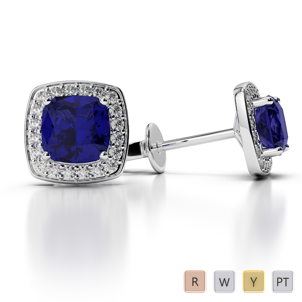 Cushion Shape Blue Sapphire and Diamond Earrings in Gold / Platinum AGER-1061