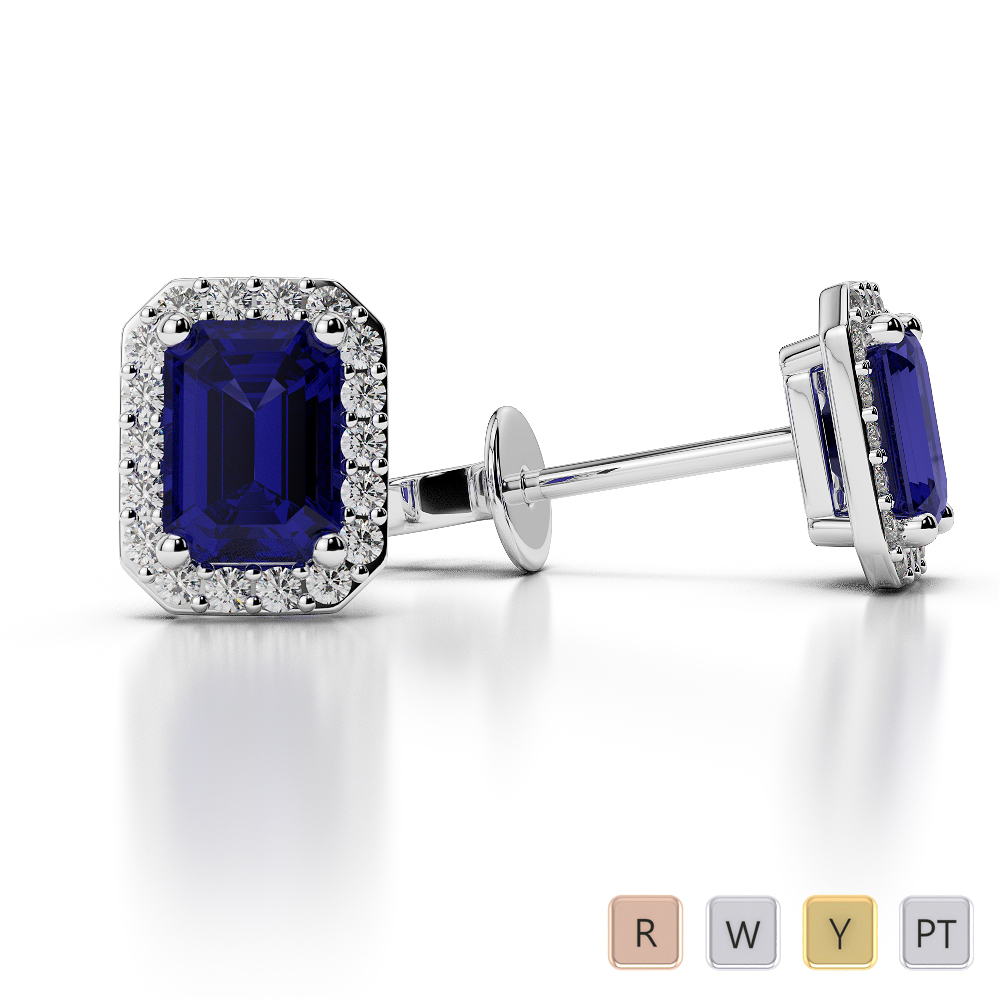 Prong Set Blue Sapphire Earrings With Diamond in Gold / Platinum AGER-1062