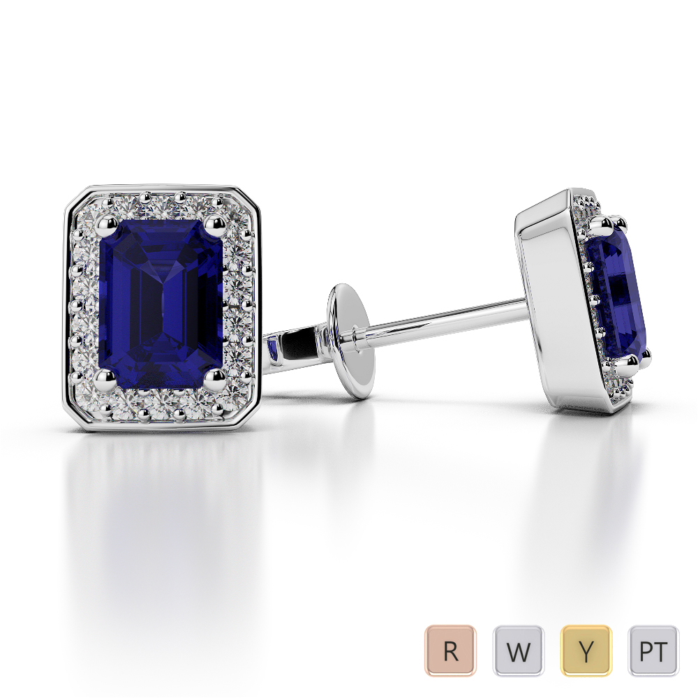 Blue Sapphire Earrings With Round Cut Diamond in Gold / Platinum AGER-1063