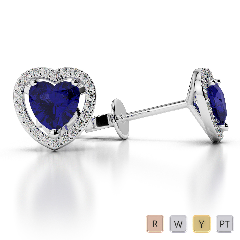 Heart Shape Earrings With Blue Sapphire & Diamond in Gold / Platinum AGER-1066