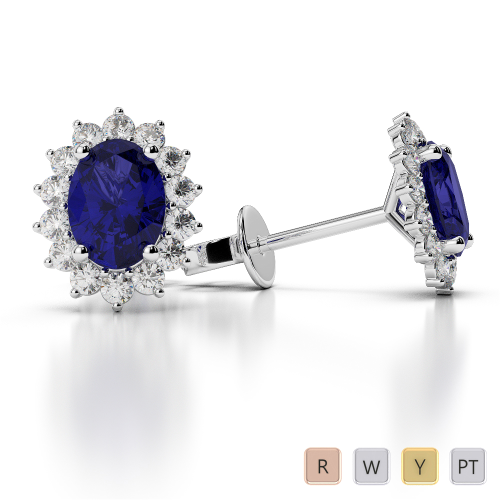 Oval Shape Blue Sapphire and Diamond Earrings in Gold / Platinum AGER-1071