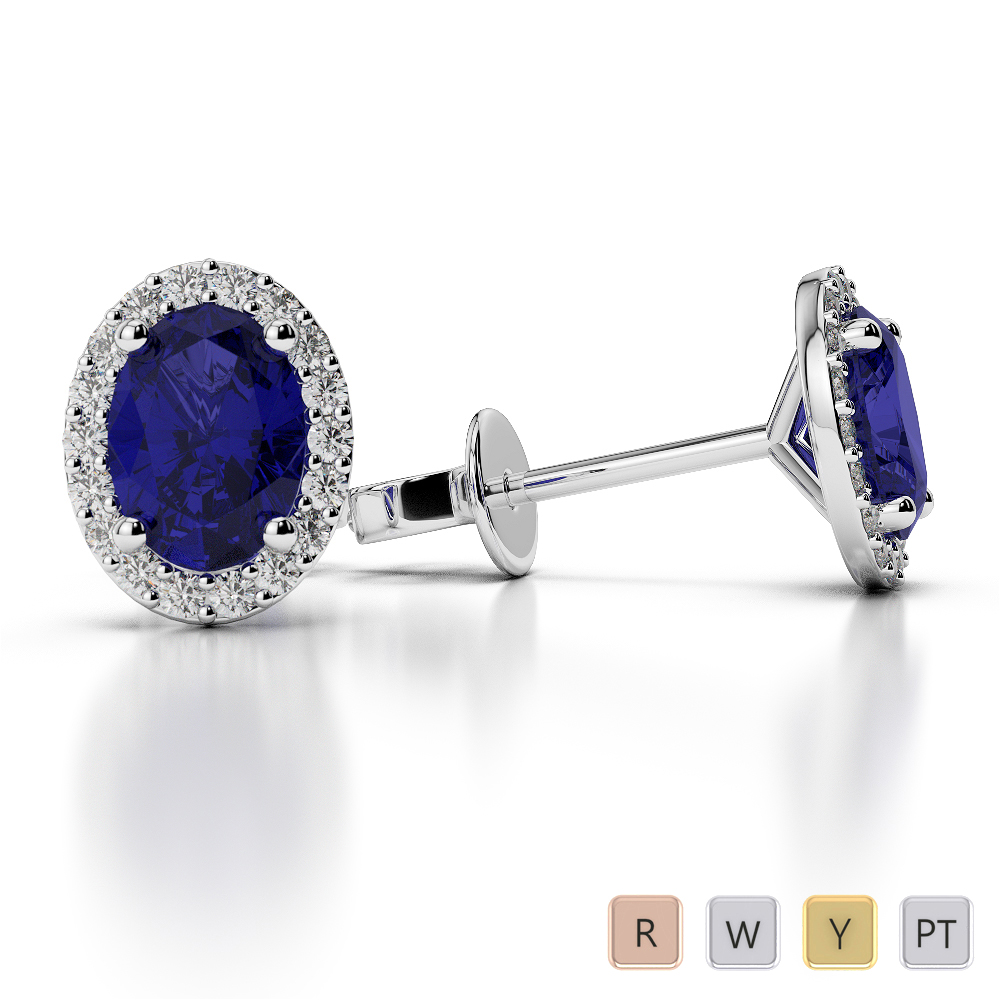 Oval Shape Blue Sapphire & Round Cut Diamond Earrings in Gold / Platinum AGER-1072-Lab