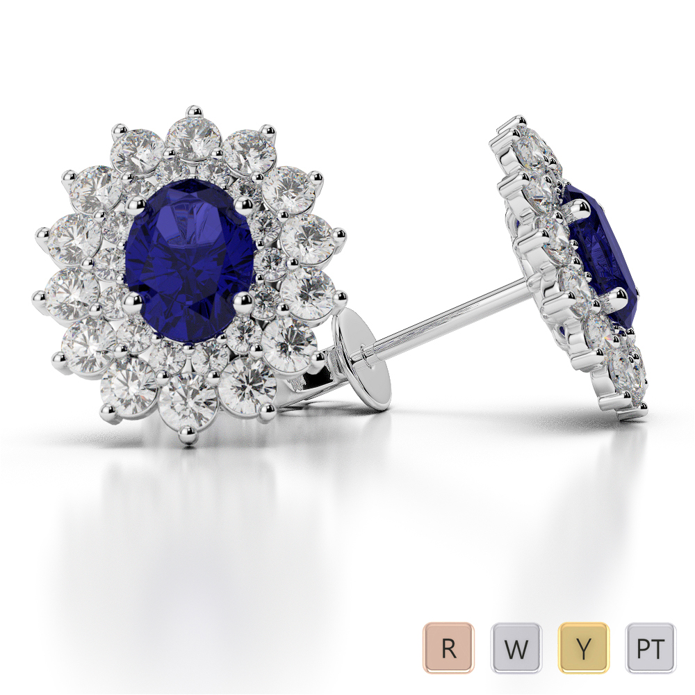 Blue Sapphire Earrings With Round Cut Diamond in Gold / Platinum AGER-1073