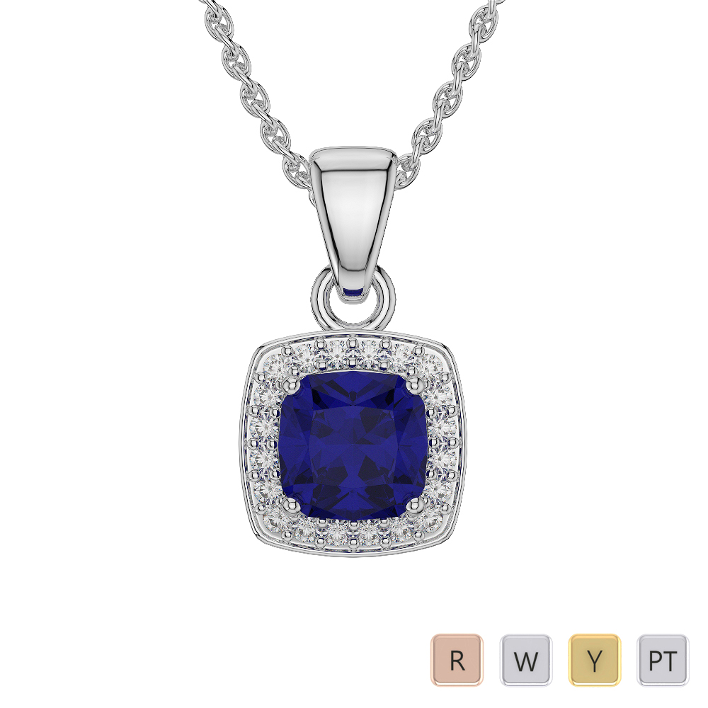Cushion Shape Sapphire and Diamond Necklaces in Gold / Platinum AGDNC-1061