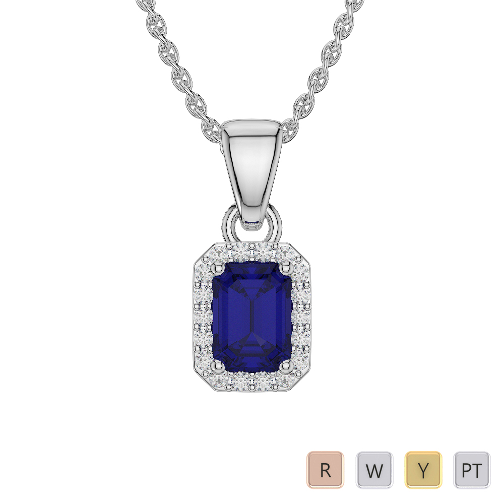 Emerald Shape Sapphire and Diamond Necklaces in Gold / Platinum AGDNC-1062-Lab
