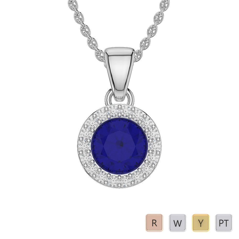 Round Shape Sapphire and Diamond Necklaces in Gold / Platinum AGDNC-1075-Lab