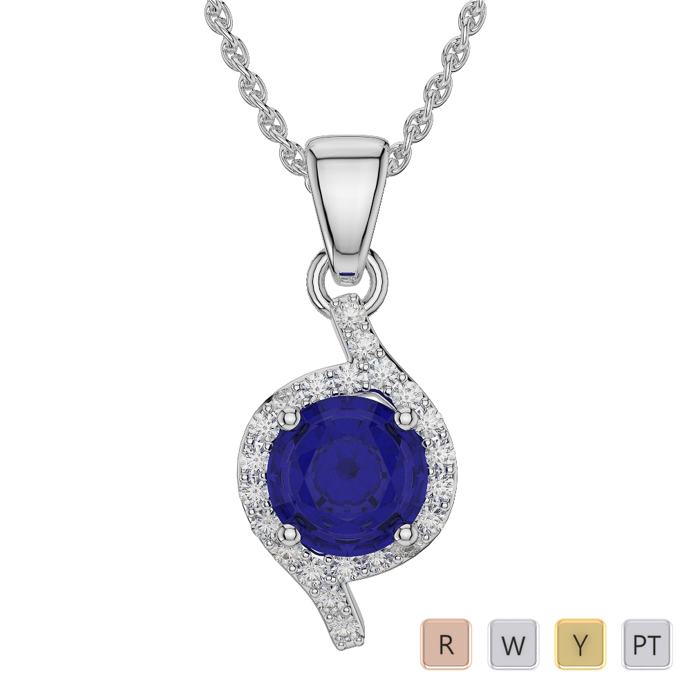 Round Shape Sapphire and Diamond Necklaces in Gold / Platinum AGDNC-1076-Lab
