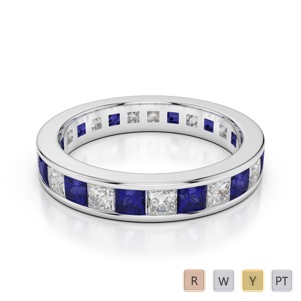 4 MM Gold / Platinum Princess Cut Blue Sapphire and Diamond Full Eternity Ring AGDR-1134