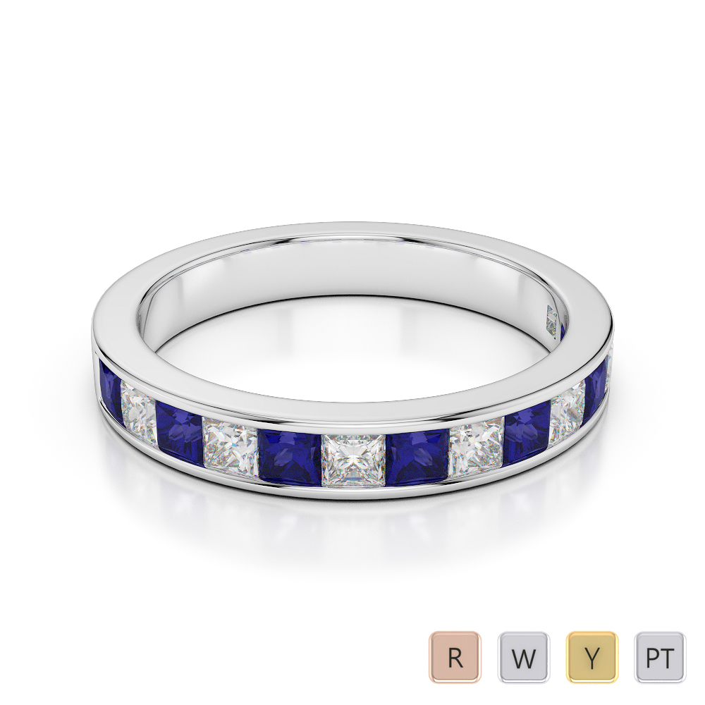 3 MM Gold / Platinum Princess Cut Blue Sapphire and Diamond Half Eternity Ring AGDR-1136