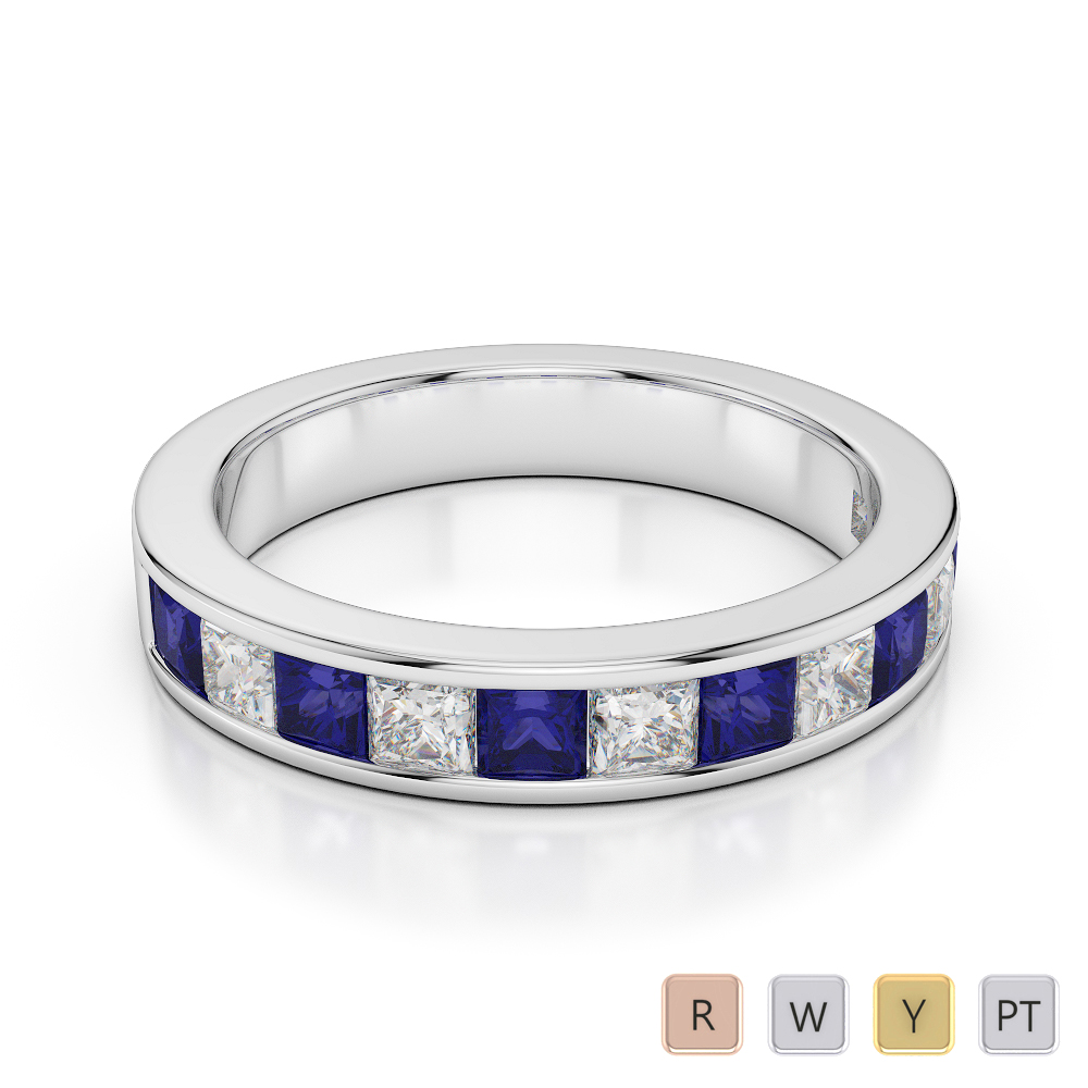 4 MM Gold / Platinum Princess Cut Blue Sapphire and Diamond Half Eternity Ring AGDR-1137