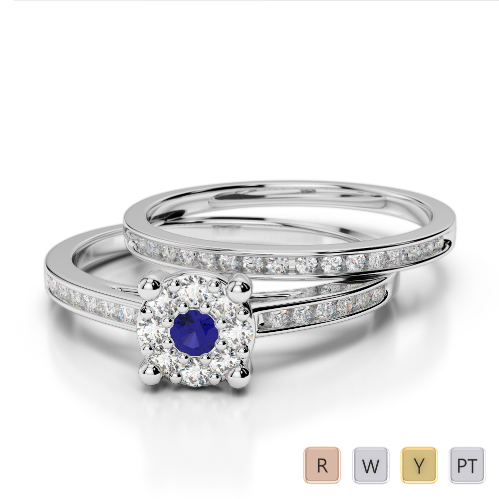 Gold / Platinum Round cut Sapphire and Diamond Bridal Set Ring AGDR-1052