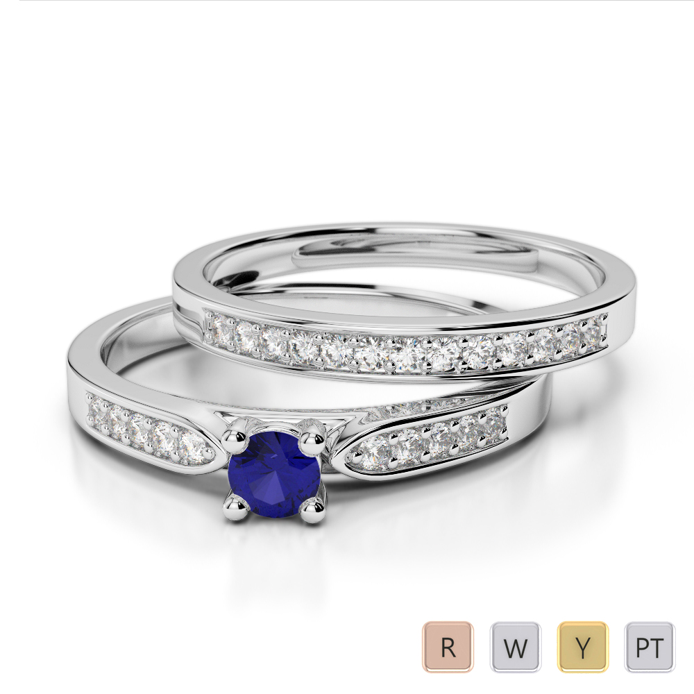 Gold / Platinum Round cut Sapphire and Diamond Bridal Set Ring AGDR-1054