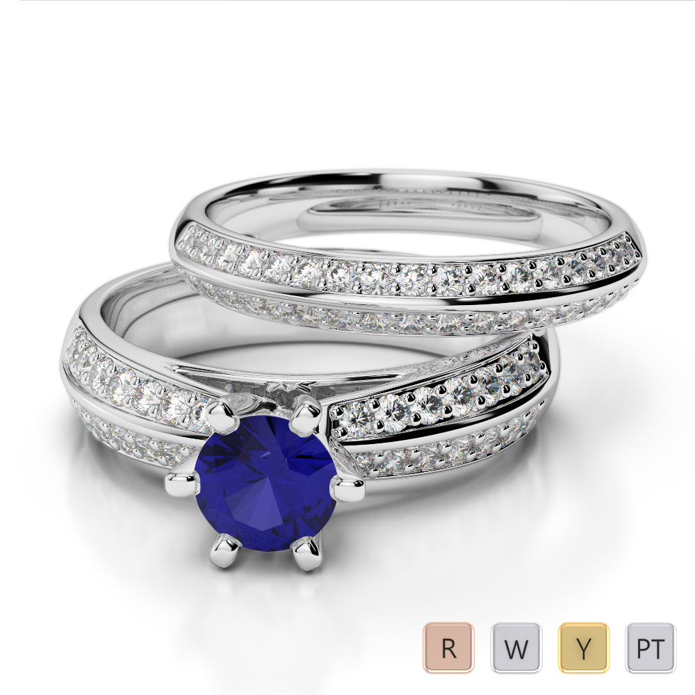 Gold / Platinum Round cut Sapphire and Diamond Bridal Set Ring AGDR-1147