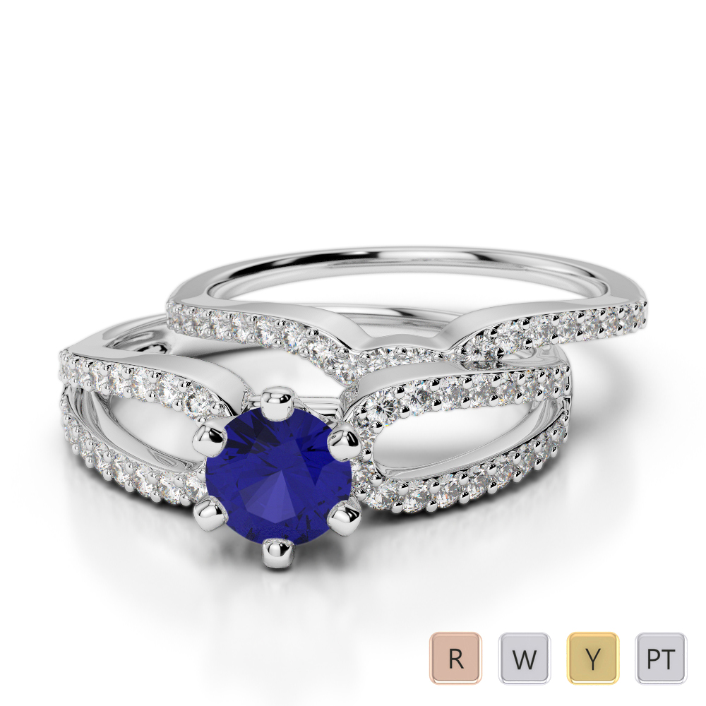 Gold / Platinum Round cut Sapphire and Diamond Bridal Set Ring AGDR-1148