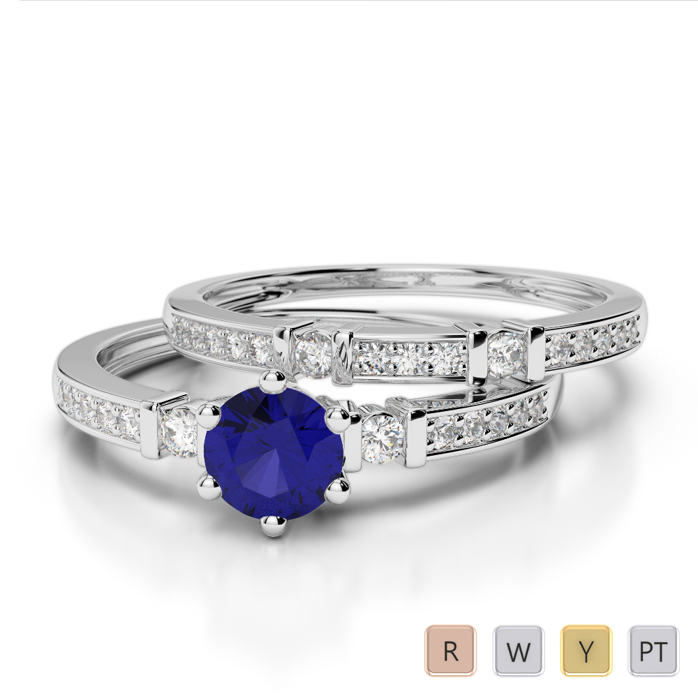 Gold / Platinum Round cut Sapphire and Diamond Bridal Set Ring AGDR-1150