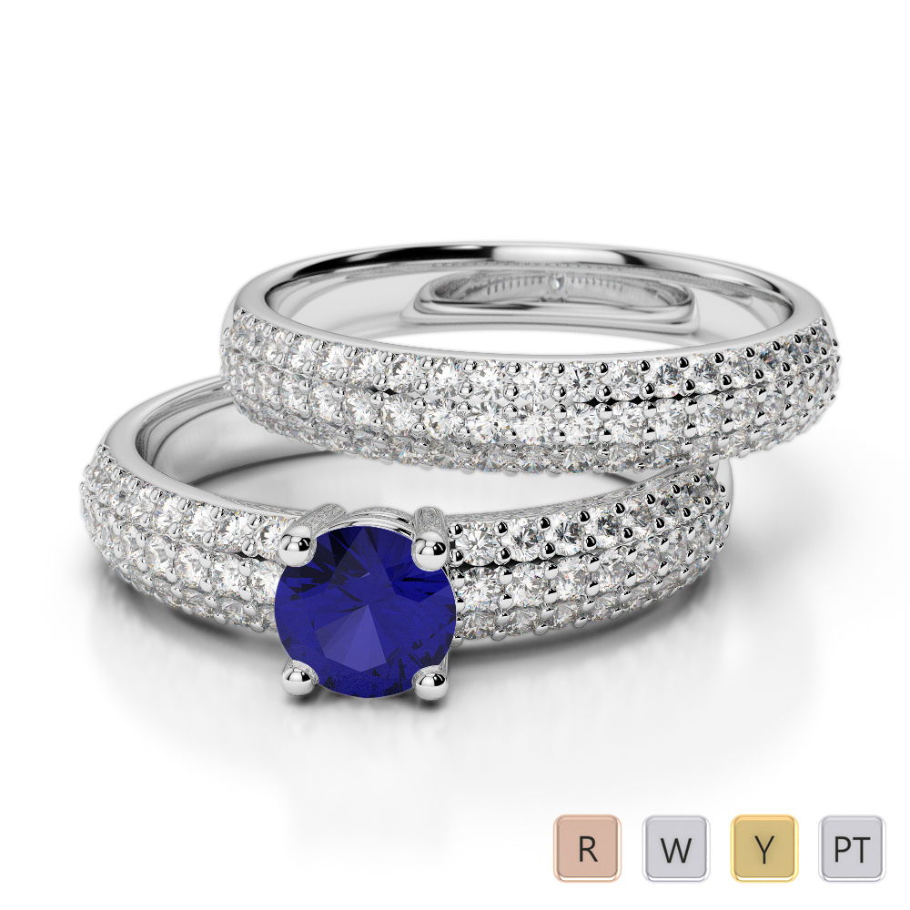 Gold / Platinum Round cut Sapphire and Diamond Bridal Set Ring AGDR-1152
