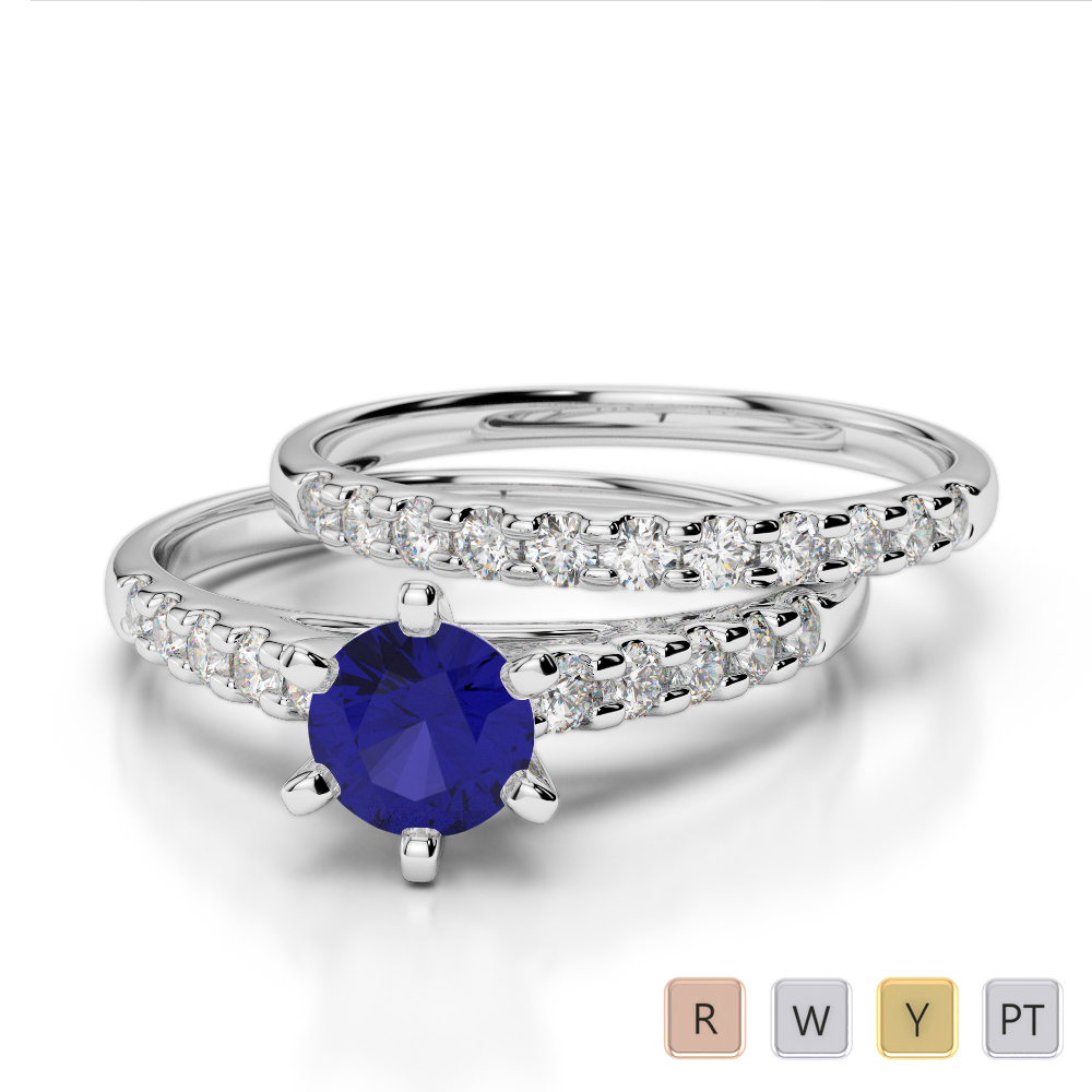 Gold / Platinum Round cut Sapphire and Diamond Bridal Set Ring AGDR-1153