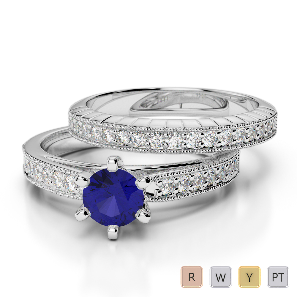 Gold / Platinum Round cut Sapphire and Diamond Bridal Set Ring AGDR-1154