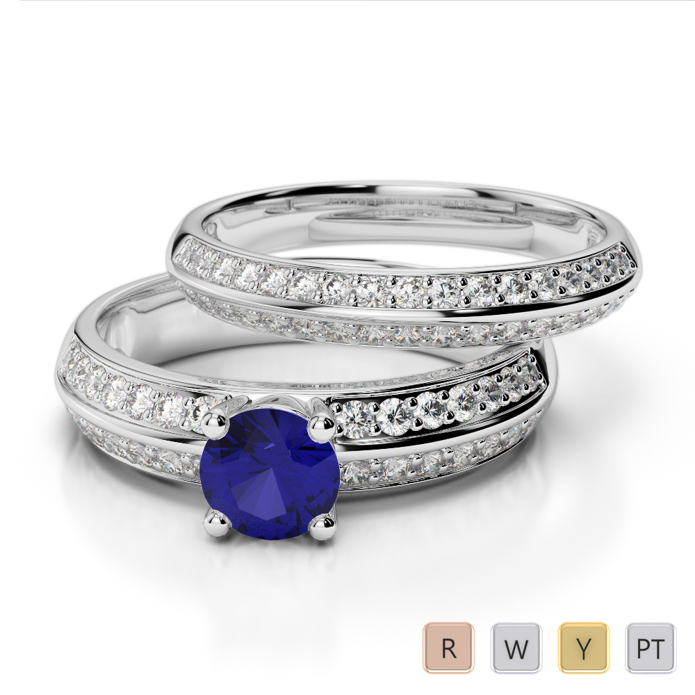 Gold / Platinum Round cut Sapphire and Diamond Bridal Set Ring AGDR-1156