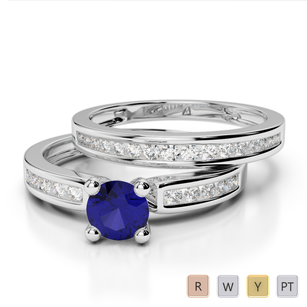 Gold / Platinum Round cut Sapphire and Diamond Bridal Set Ring AGDR-1157