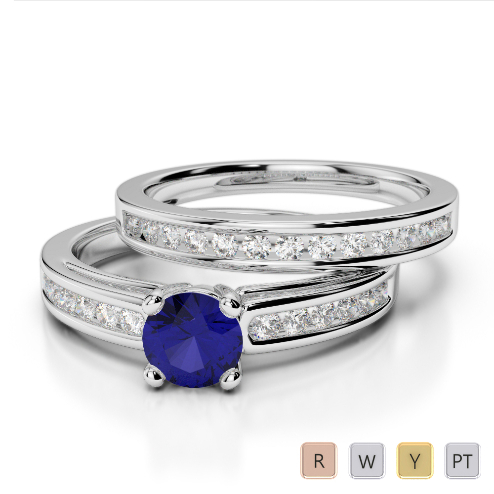 Gold / Platinum Round cut Sapphire and Diamond Bridal Set Ring AGDR-1159