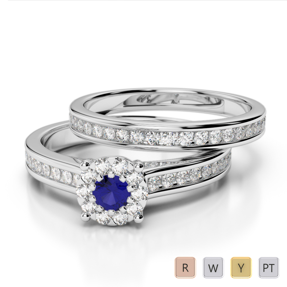 Gold / Platinum Round cut Sapphire and Diamond Bridal Set Ring AGDR-1339