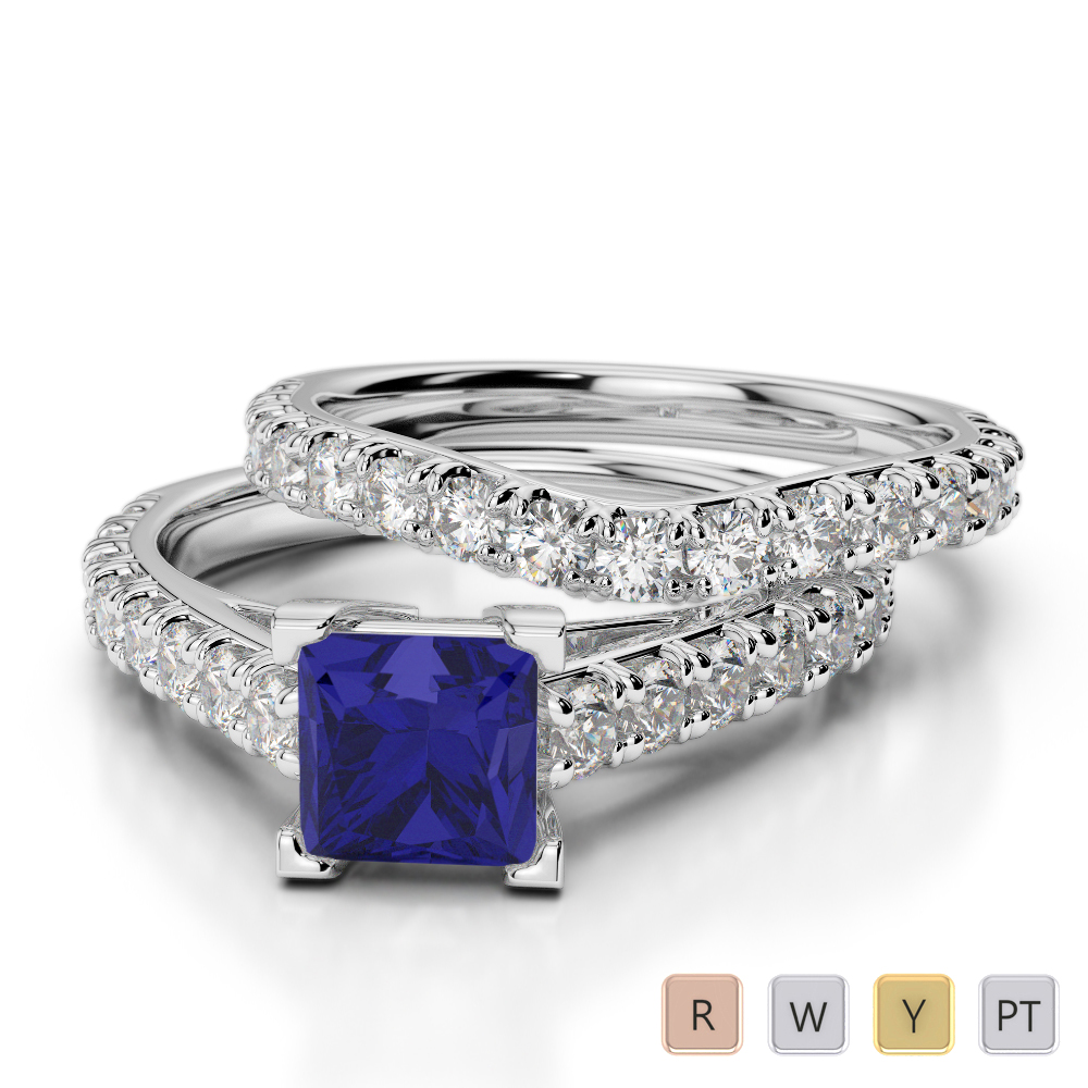 Gold / Platinum Round and Princess cut Sapphire and Diamond Bridal Set Ring AGDR-2007