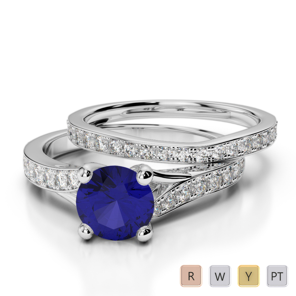 Gold / Platinum Round cut Sapphire and Diamond Bridal Set Ring AGDR-2011