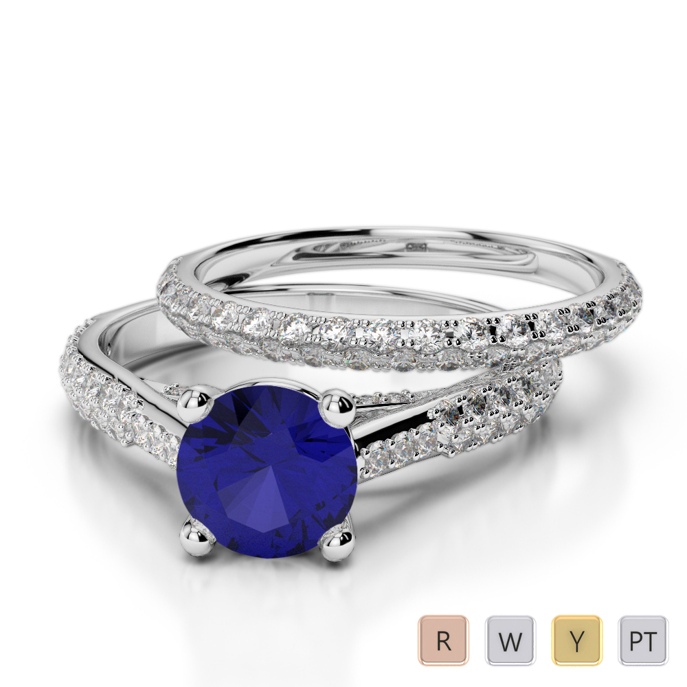 Gold / Platinum Round cut Sapphire and Diamond Bridal Set Ring AGDR-2013