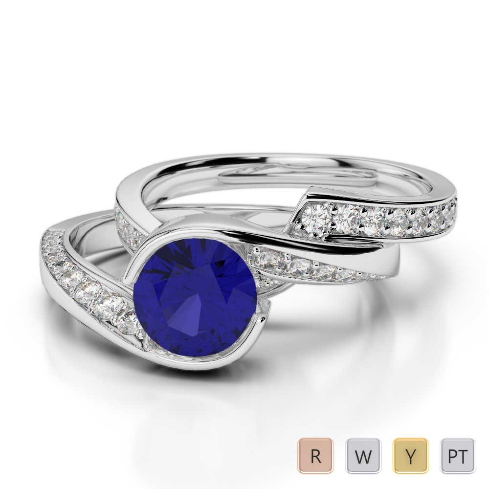 Gold / Platinum Round cut Sapphire and Diamond Bridal Set Ring AGDR-2019