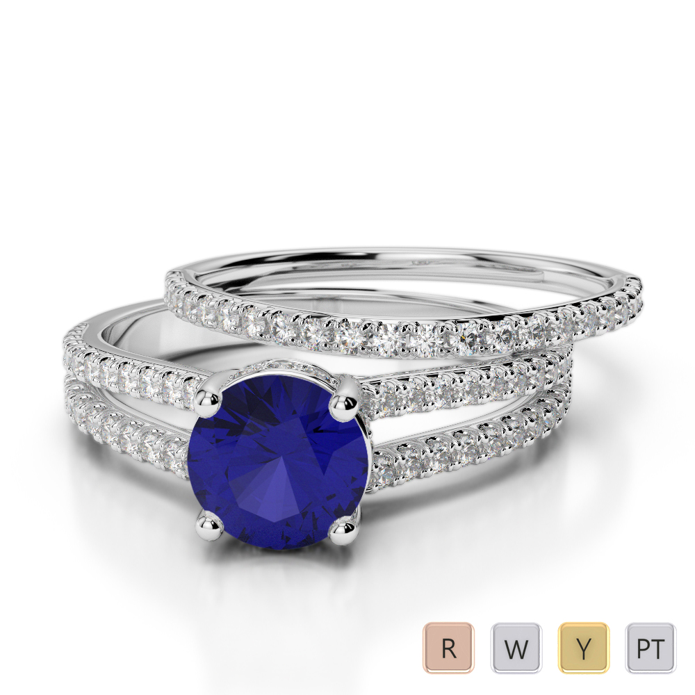 Gold / Platinum Round cut Sapphire and Diamond Bridal Set Ring AGDR-2035