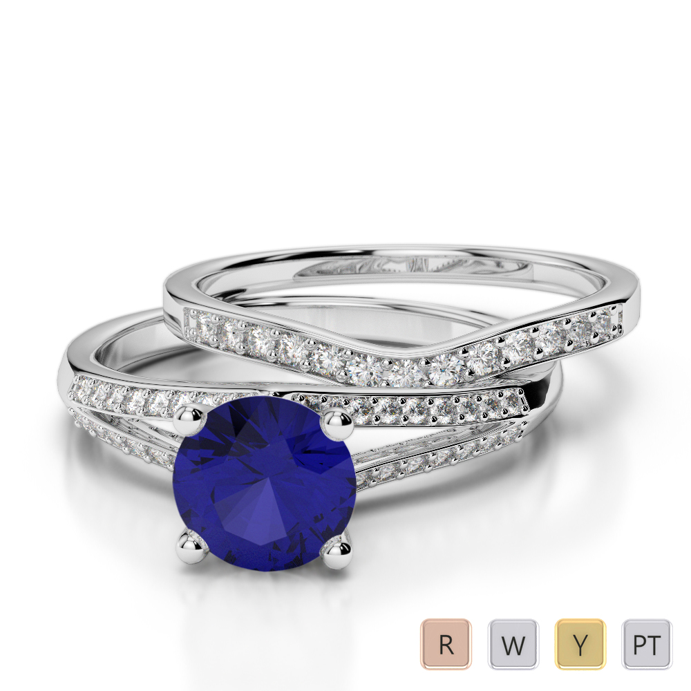 Gold / Platinum Round cut Sapphire and Diamond Bridal Set Ring AGDR-2037