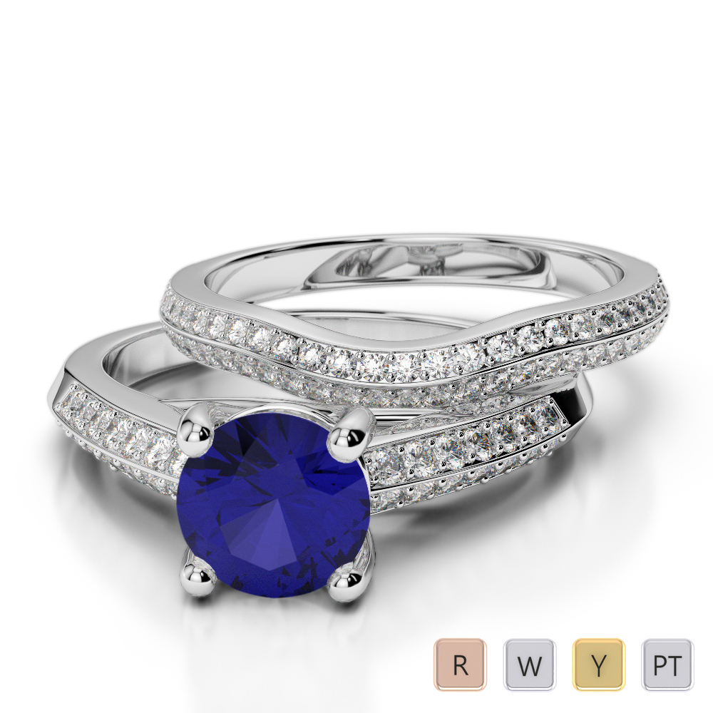 Gold / Platinum Round cut Sapphire and Diamond Bridal Set Ring AGDR-2043