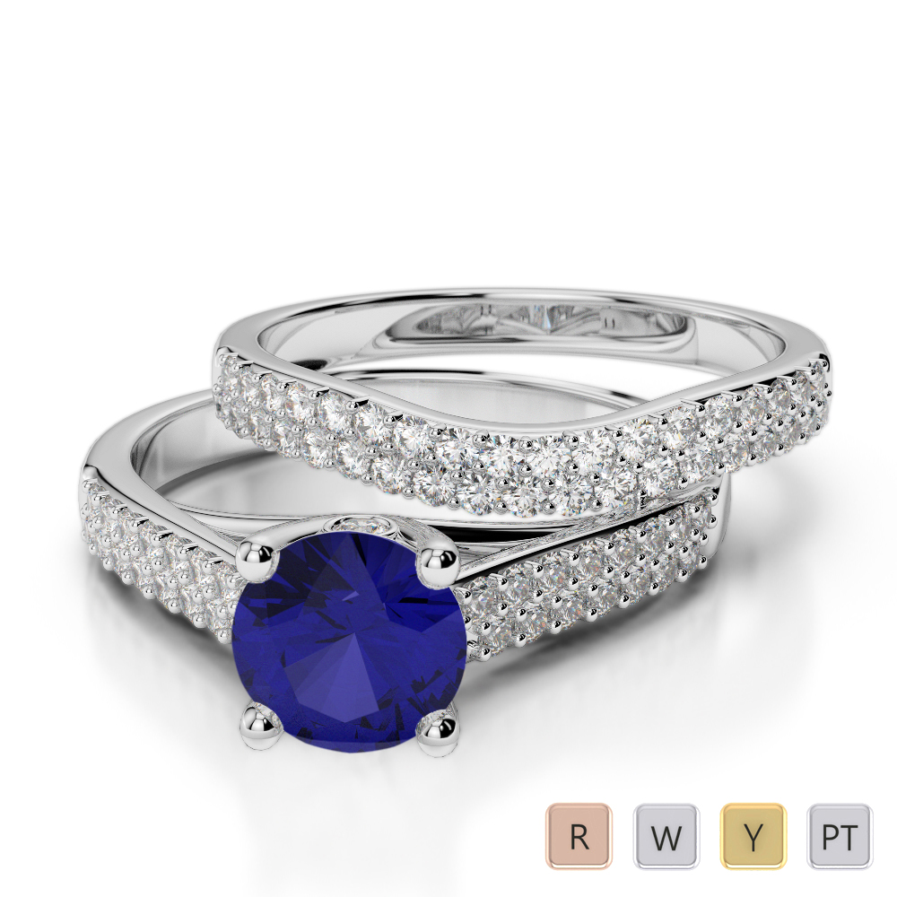 Gold / Platinum Round cut Sapphire and Diamond Bridal Set Ring AGDR-2045
