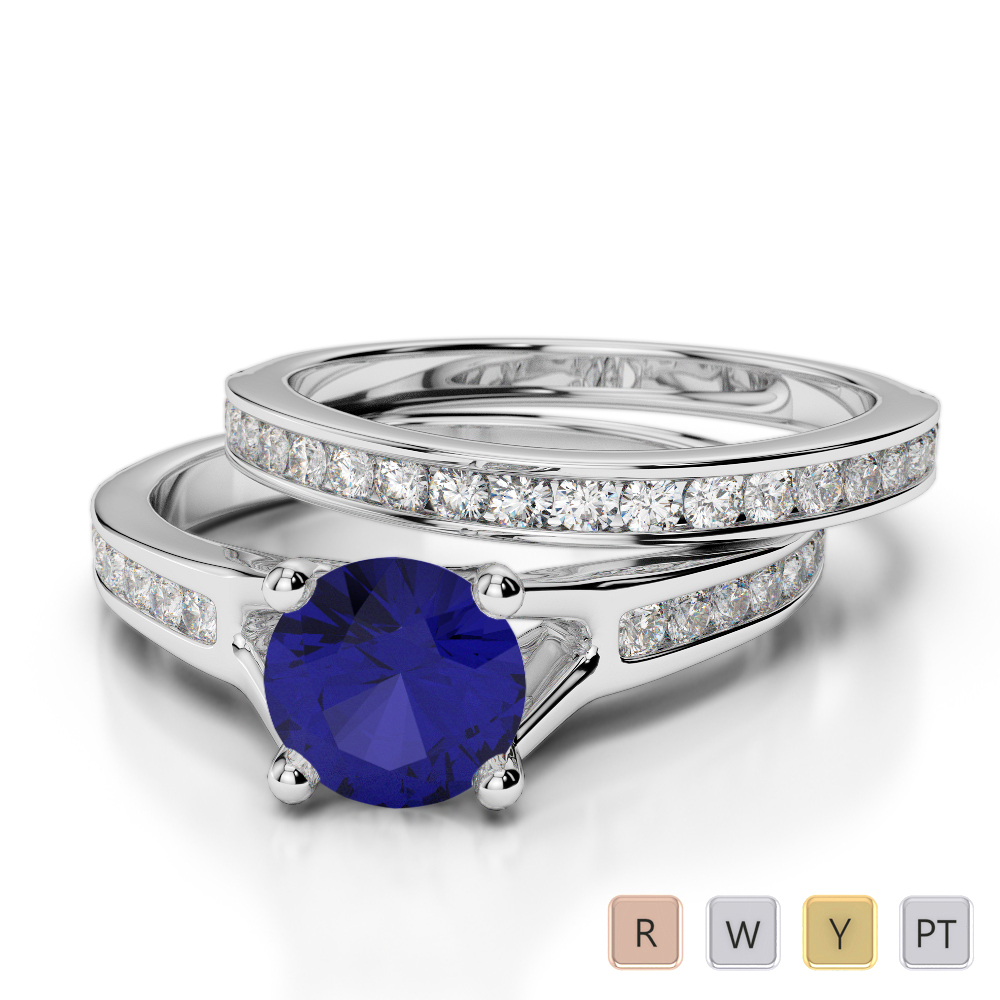 Gold / Platinum Round cut Sapphire and Diamond Bridal Set Ring AGDR-2047