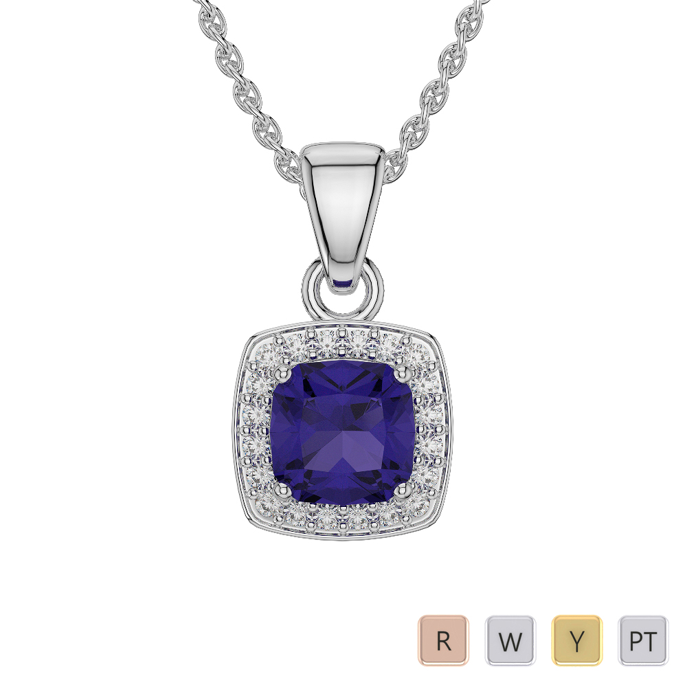 Cushion Shape Tanzanite and Diamond Necklaces in Gold / Platinum AGDNC-1061