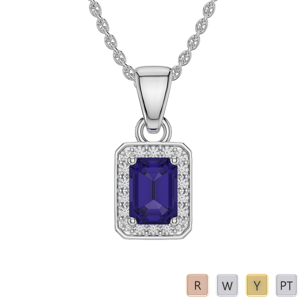 Emerald Shape Tanzanite and Diamond Necklaces in Gold / Platinum AGDNC-1063-Lab