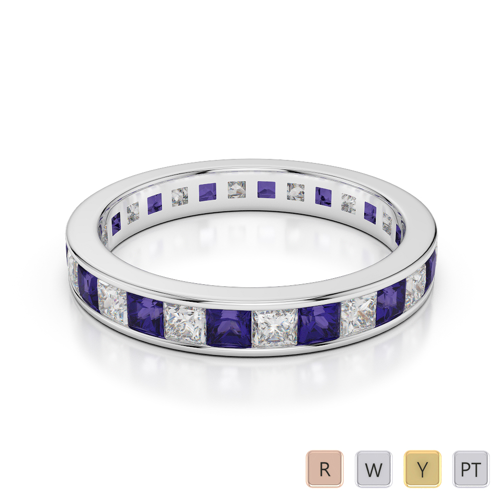 3 MM Gold / Platinum Princess Cut Tanzanite and Diamond Full Eternity Ring AGDR-1133