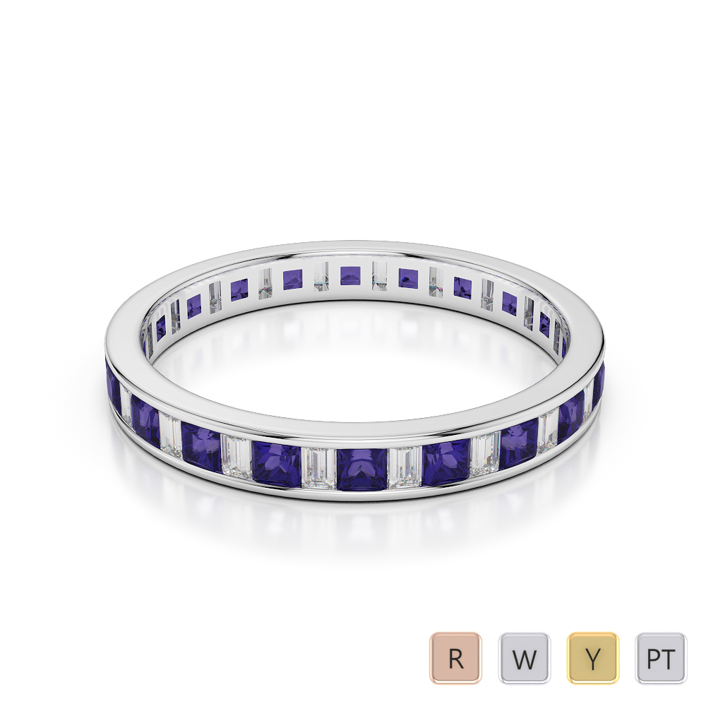 3 MM Gold / Platinum Princess and Baguette Cut Tanzanite and Diamond Full Eternity Ring AGDR-1140