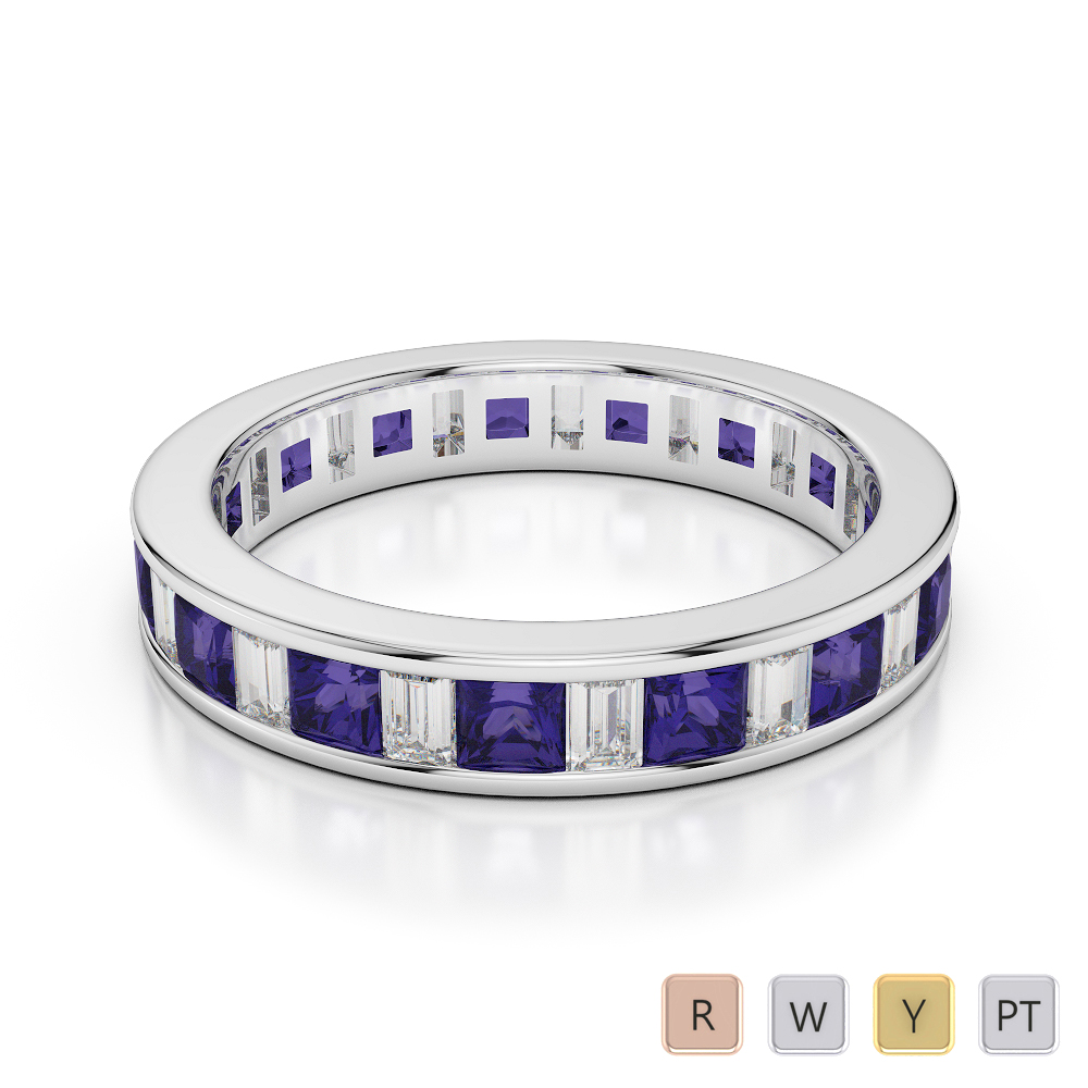 4 MM Gold / Platinum Princess and Baguette Cut Tanzanite and Diamond Full Eternity Ring AGDR-1141