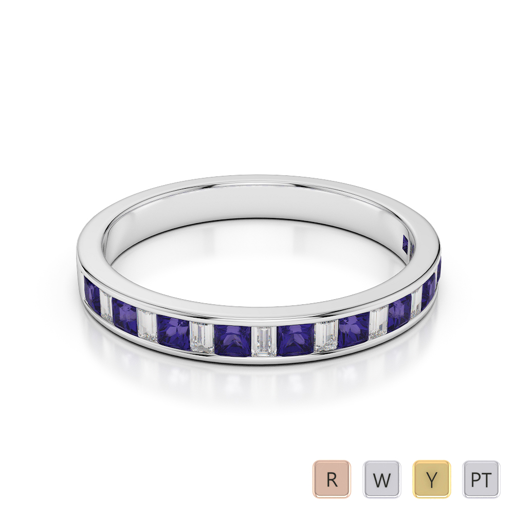 3 MM Gold / Platinum Princess and Baguette Cut Tanzanite and Diamond Half Eternity Ring AGDR-1142