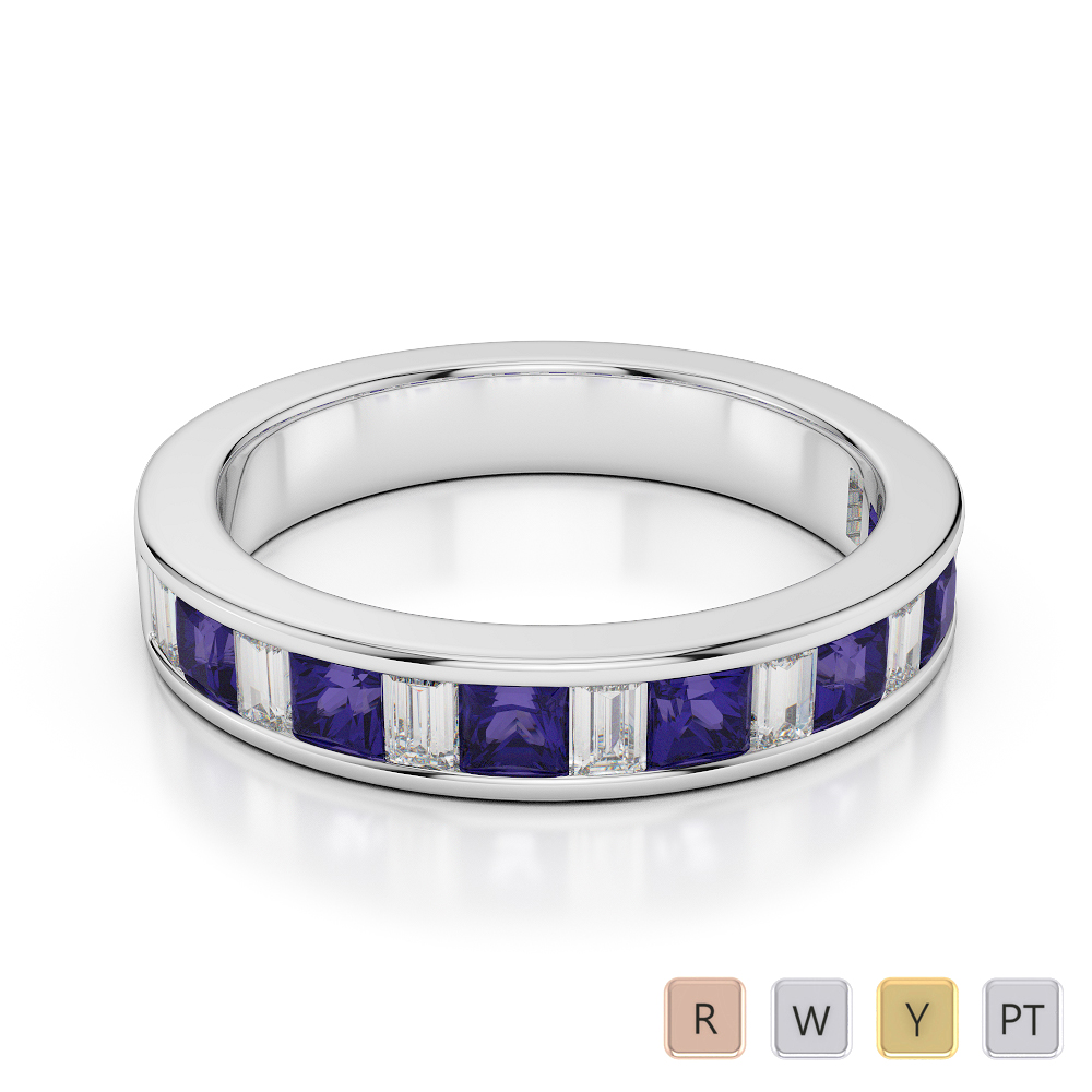 4 MM Gold / Platinum Princess and Baguette Cut Tanzanite and Diamond Half Eternity Ring AGDR-1143