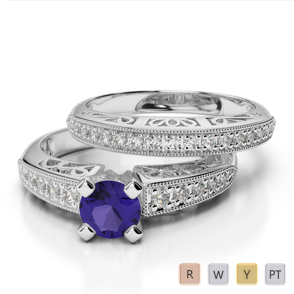 Gold / Platinum Round cut Tanzanite and Diamond Bridal Set Ring AGDR-1160