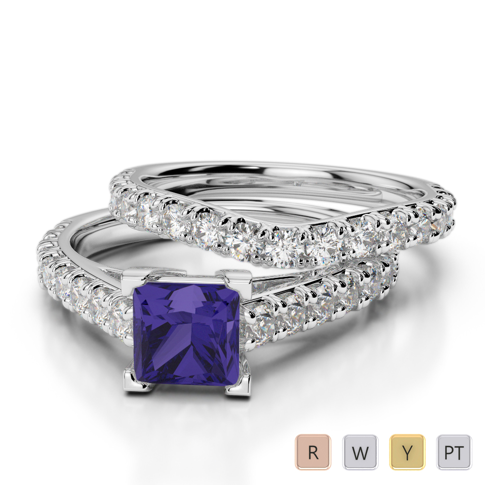 Gold / Platinum Round and Princess cut Tanzanite and Diamond Bridal Set Ring AGDR-2007