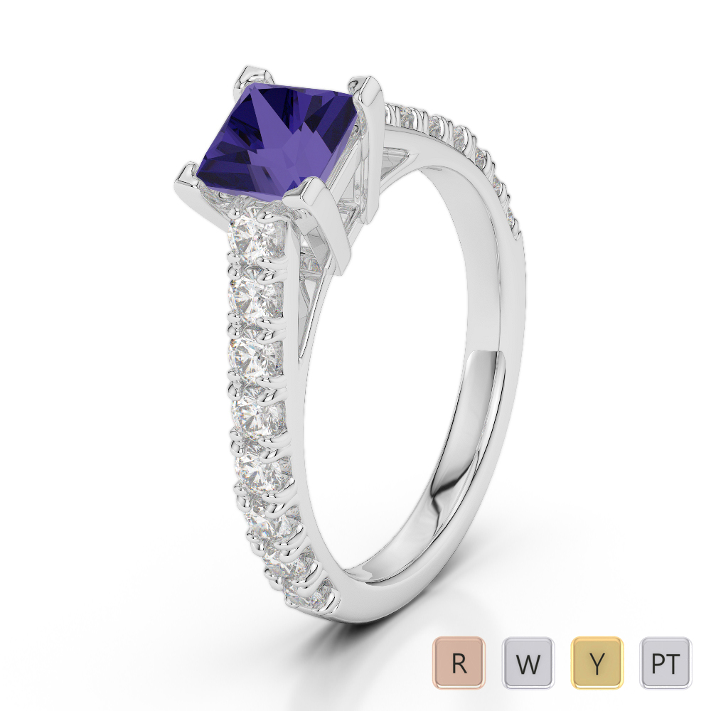 Gold / Platinum Round and Princess Cut Tanzanite and Diamond Engagement Ring AGDR-2008