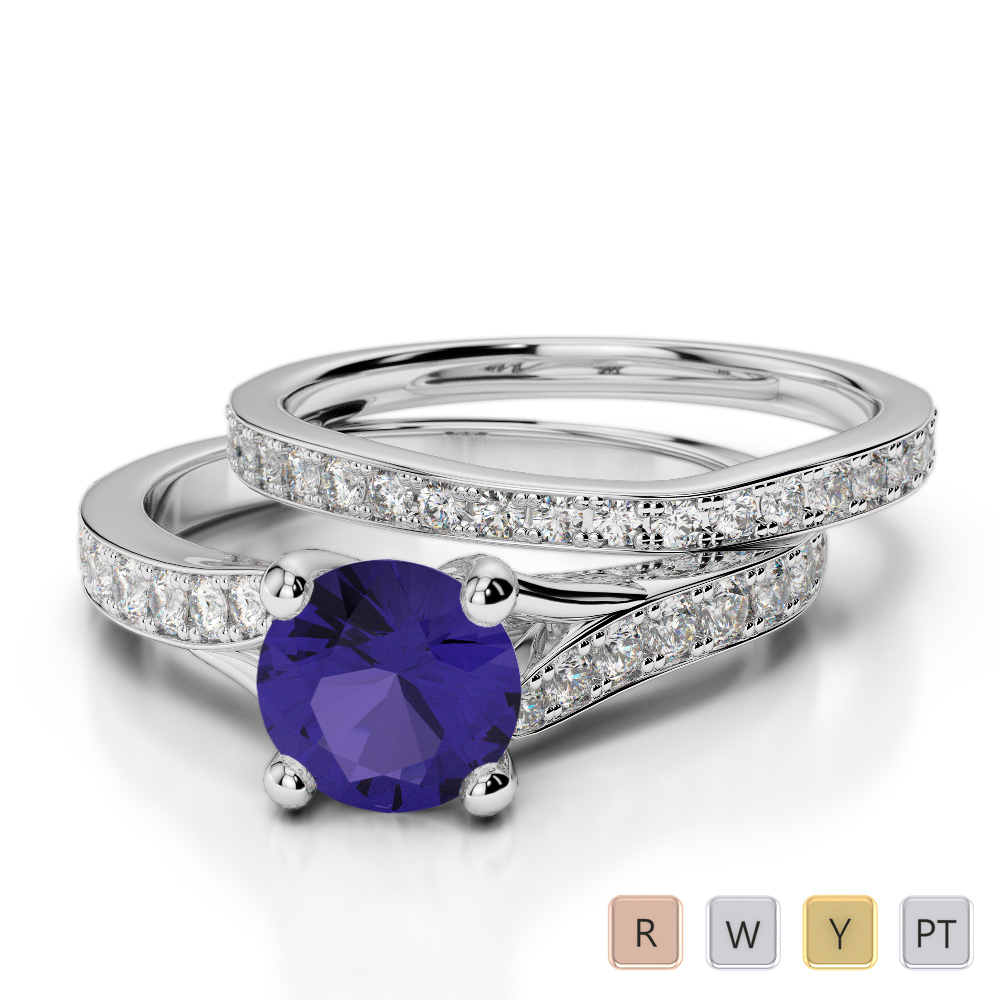 Gold / Platinum Round cut Tanzanite and Diamond Bridal Set Ring AGDR-2011