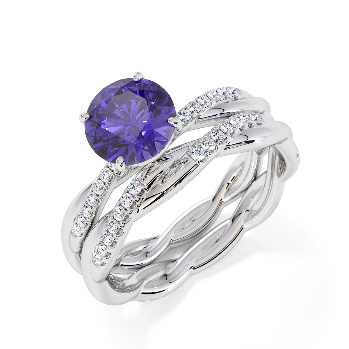 Round Lab Tanzanite and Diamond Engagement Ring in Gold / Platinum