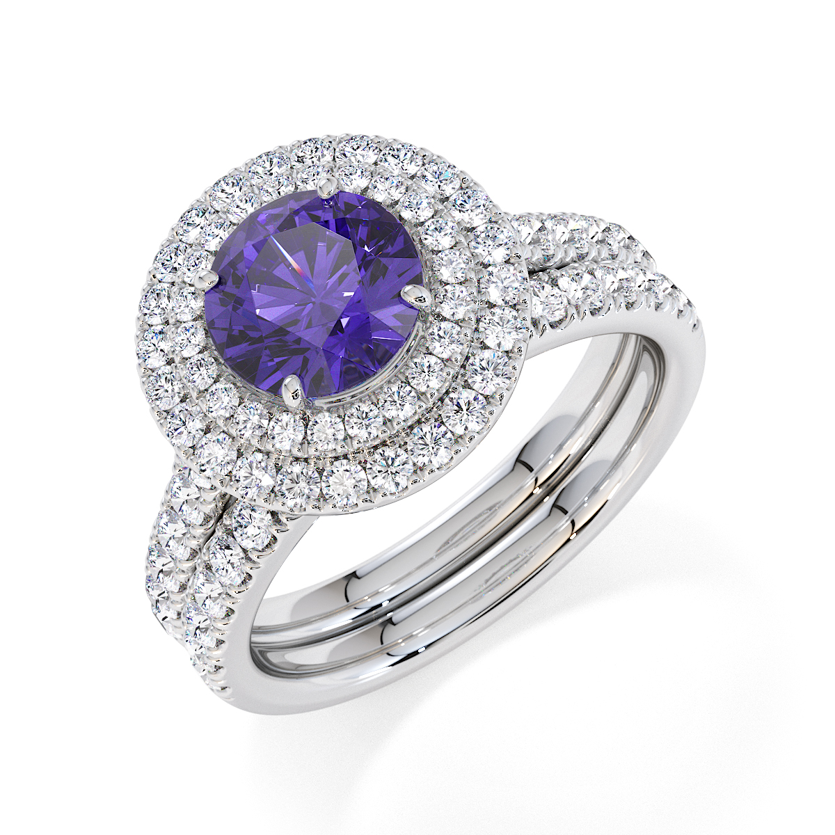 Round Lab Tanzanite and Diamond Engagement Ring in Gold / Platinum