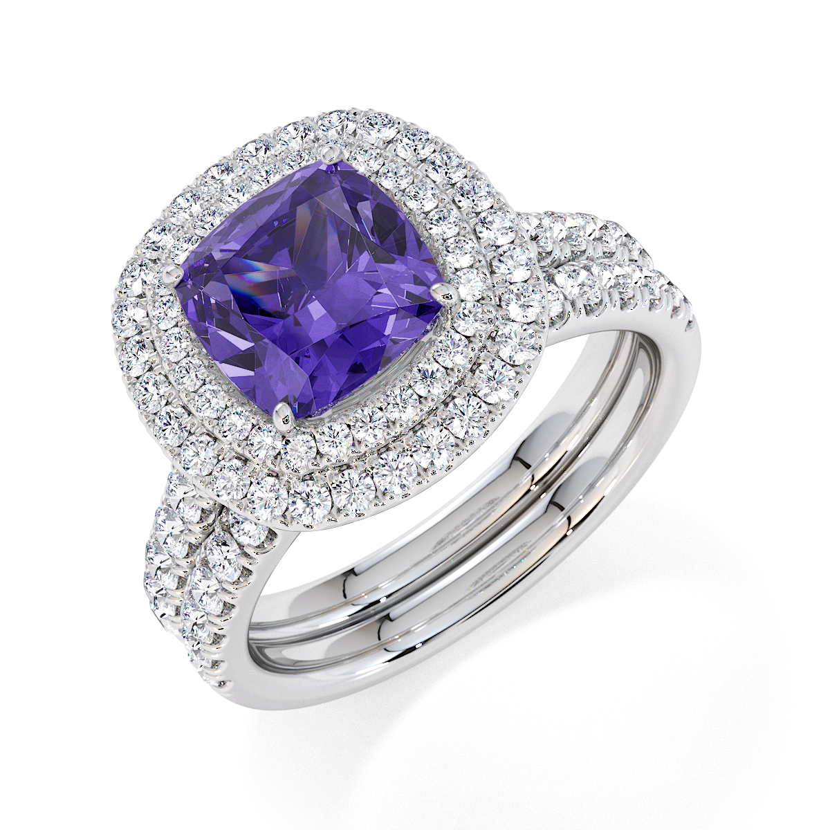 Cushion Lab Tanzanite and Diamond Engagement Ring in Gold / Platinum
