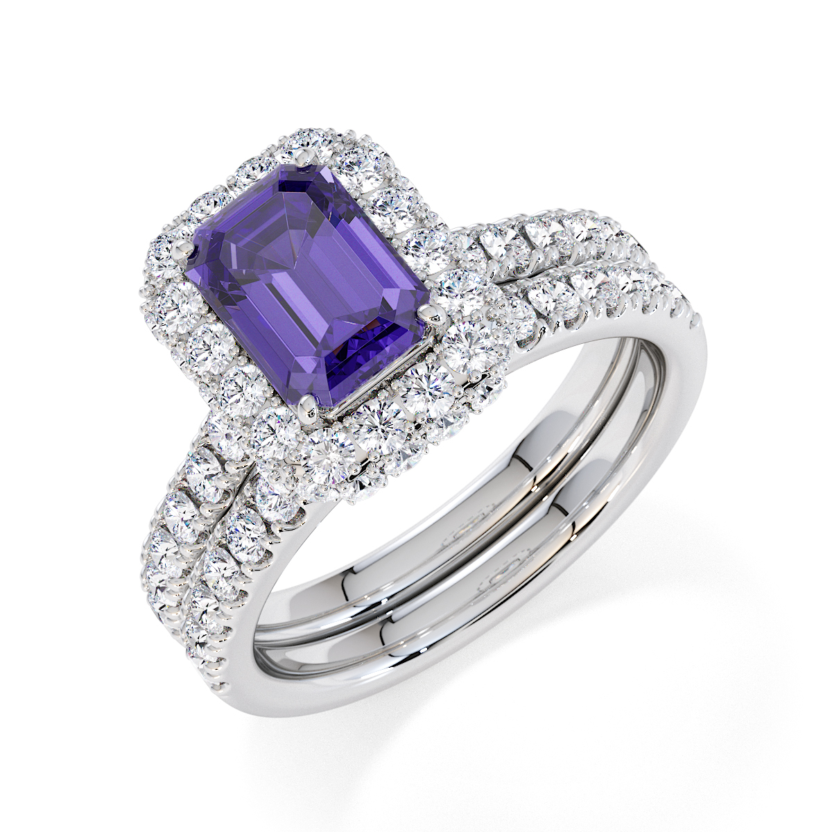 Emerald Lab Tanzanite and Diamond Engagement Ring in Gold / Platinum